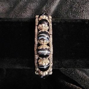 Bracelet Silver Black Marble Swirl Agate Gemstones Silver Beads Boho